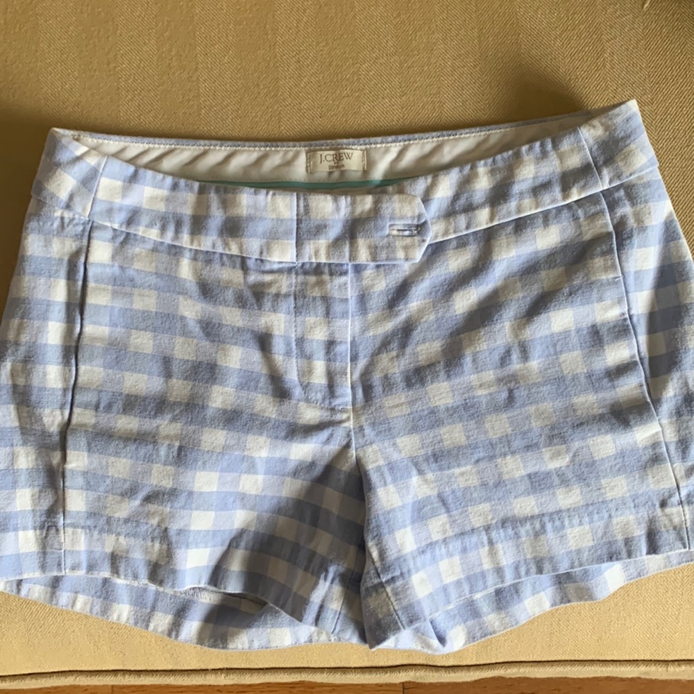 JCrew, size 00, light-blue and white checkered shorts.